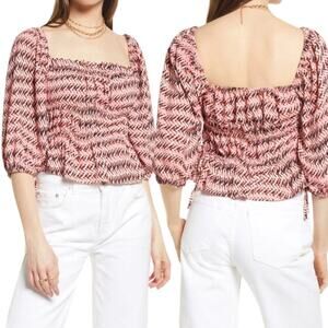 Open Edit Shirring Detail Square Neck Top Pink Peony Wave Size XS NWT $59 MSRP